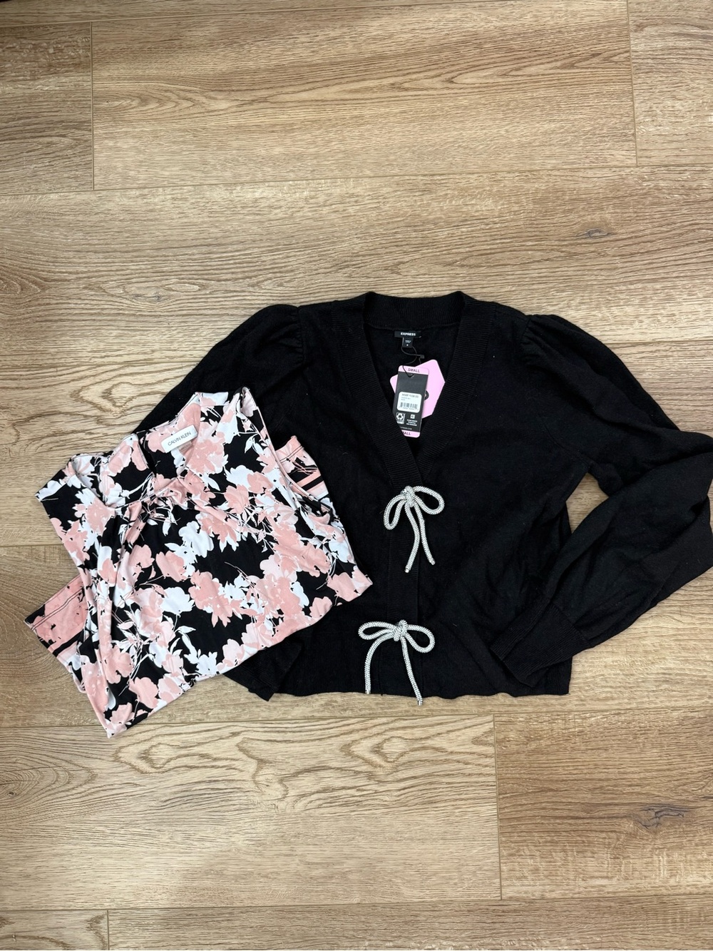 Express Black Tie-Front Puff Sleeve Cardigan with Pink Floral Top